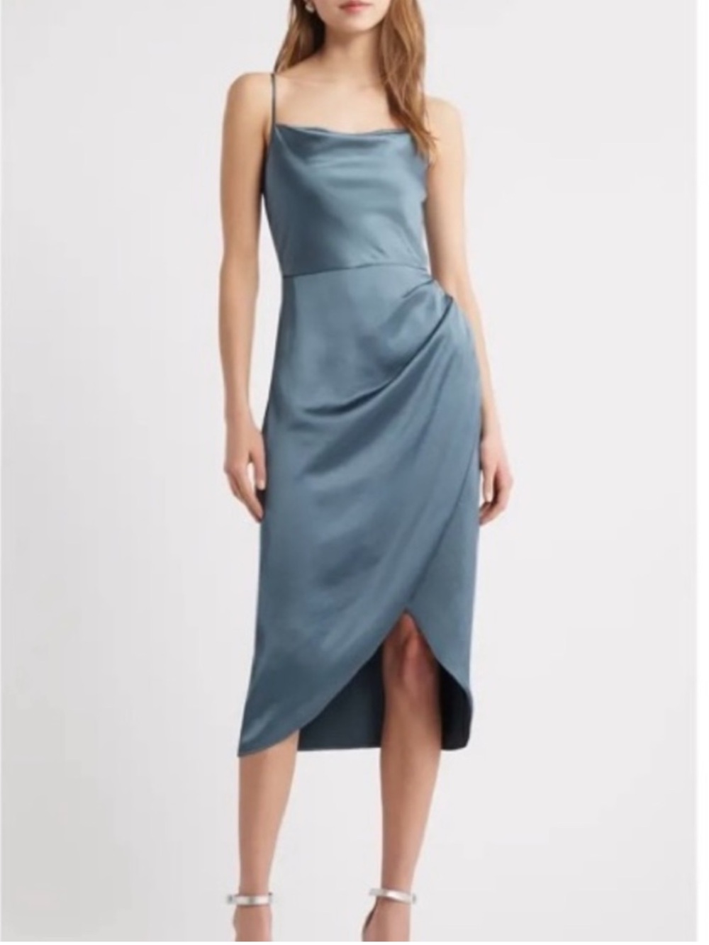 Cowl Neck Satin Midi Dress in Slate Blue